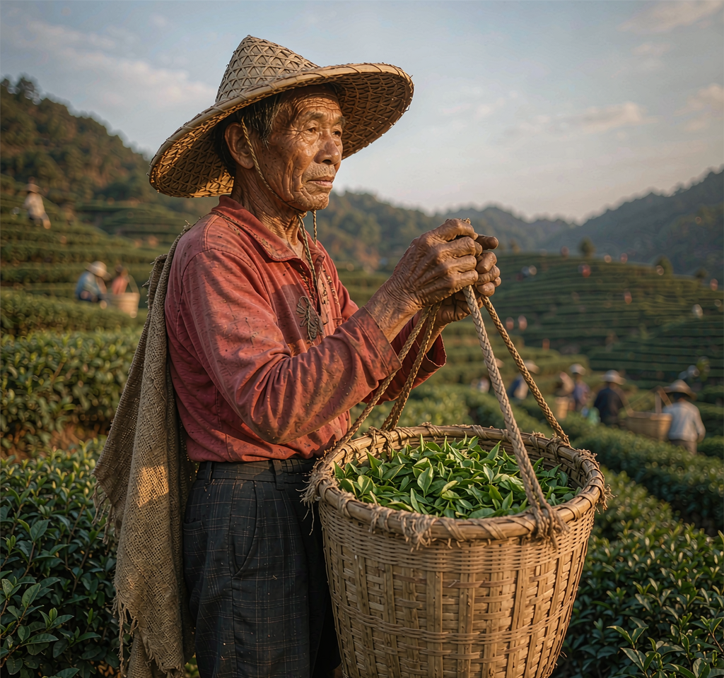 老农在梯田采摘茶叶